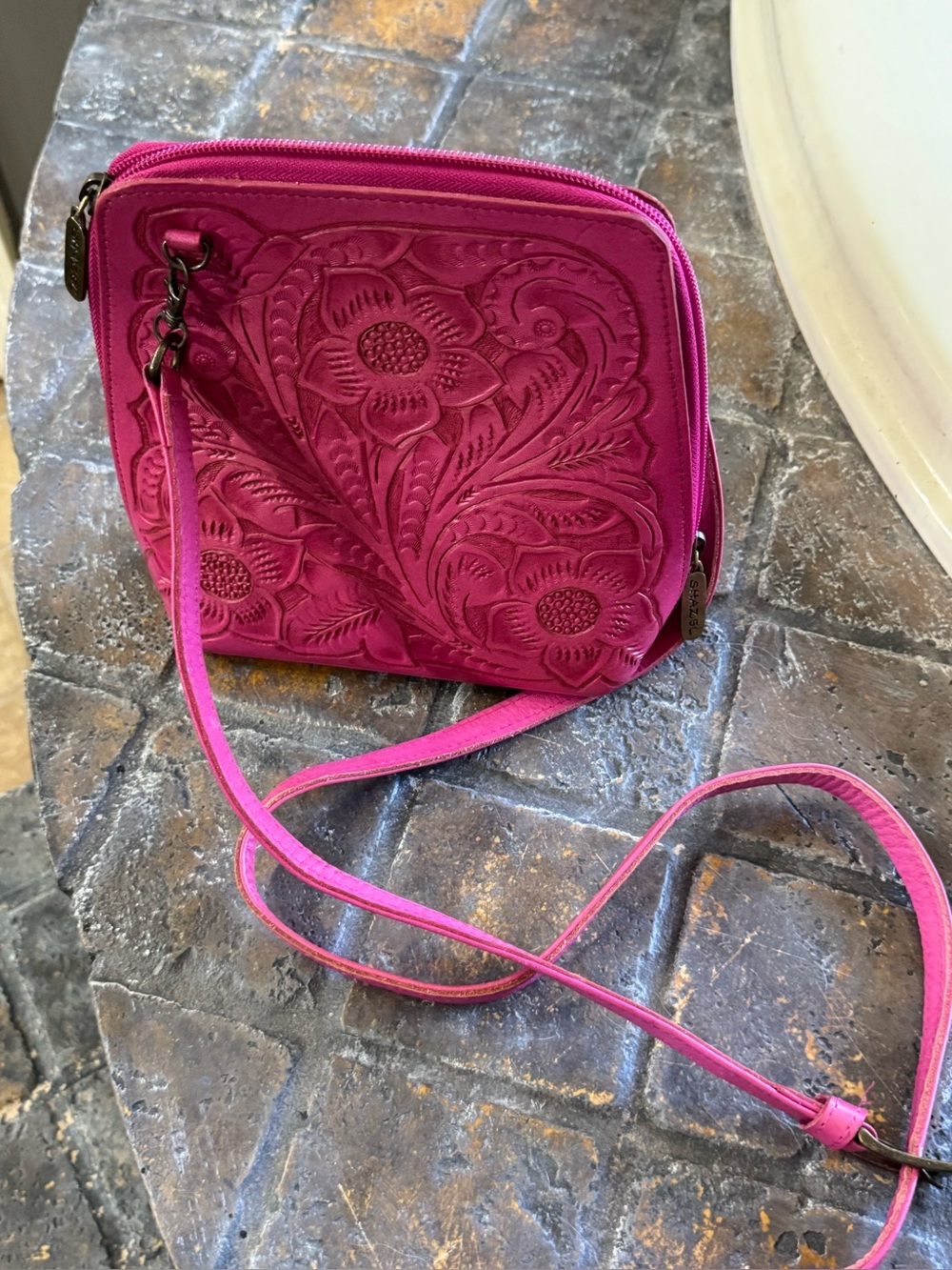 NWOT Pink Fuchsia Floral hand Tooled Crossbody Bag purse Mexico